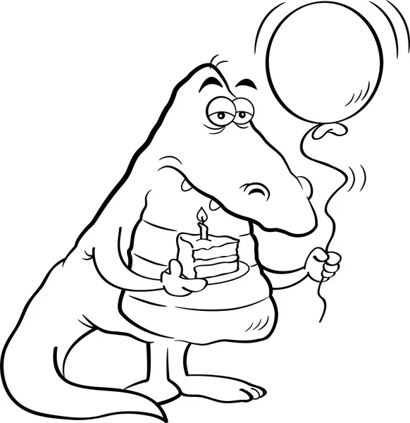 Cartoon alligator holding a piece of cake and a balloon. — Stock Vector