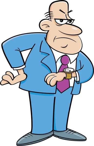 Cartoon angry man looking at his watch. — Stock Vector