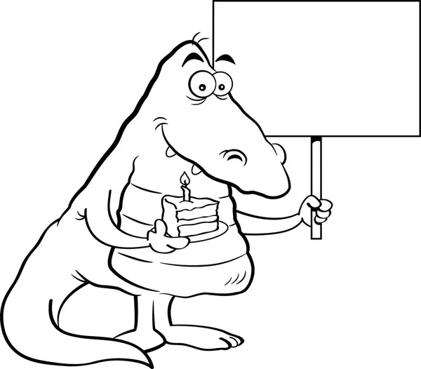 Cartoon-Alligator hält ein Stück Kuchen und ein Schild. — Stockvektor