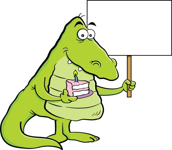 Cartoon alligator holding a piece of cake and a sign. — Stock Vector