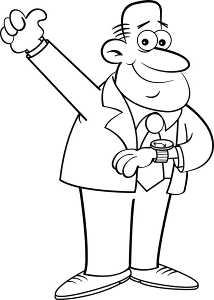 Homem dos desenhos animados olhando para seu relógio e dando polegares para cima —  Vetores de Stock