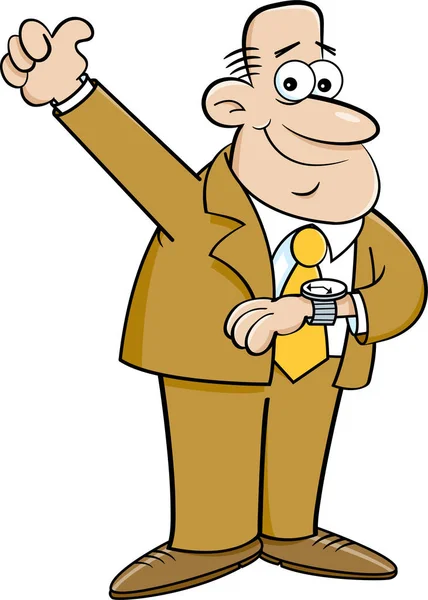 Karikatura člověka při pohledu na hodinky a dává palec. — Stockový vektor