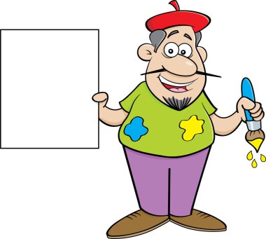 Bir işaret tutan karikatür sanatçısı.