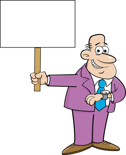 Karikatura člověka při pohledu na jeho hodinky a drží ceduli. — Stockový vektor