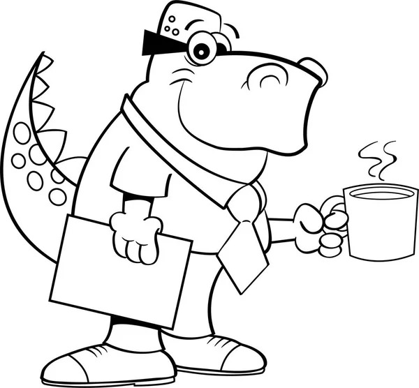 コーヒー カップを保持している漫画恐竜. — ストックベクタ