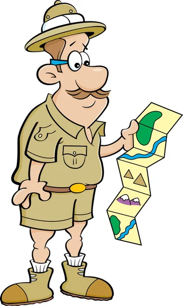 Γελοιογραφία explorer κοιτάζοντας ένα χάρτη. — Διανυσματικό Αρχείο
