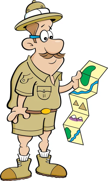 Cartoon explorer op zoek op de kaart. — Stockvector