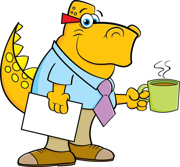 Cartoon-Dinosaurier mit Kaffeetasse. — Stockvektor