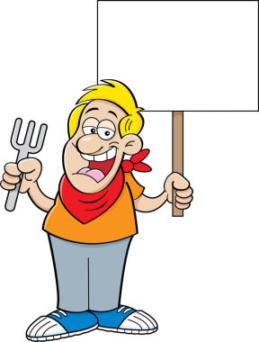Çatal ve bir işaret tutan bir adam karikatür çizimi.