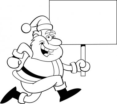 Siyah ve beyaz illüstrasyon işareti tutarak çalışan bir Noel Baba'nın.