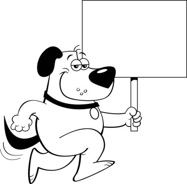 Çalışan ve bir işaret tutan bir köpek resmi siyah ve beyaz.