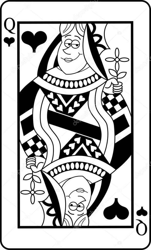 Black and white illustration of a Queen of Hearts playing card.