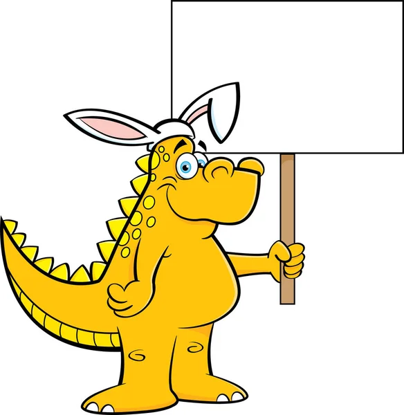 Cartoon Illustration Dinosaur Wearing Rabbit Ears Holding Sign — Stock Vector