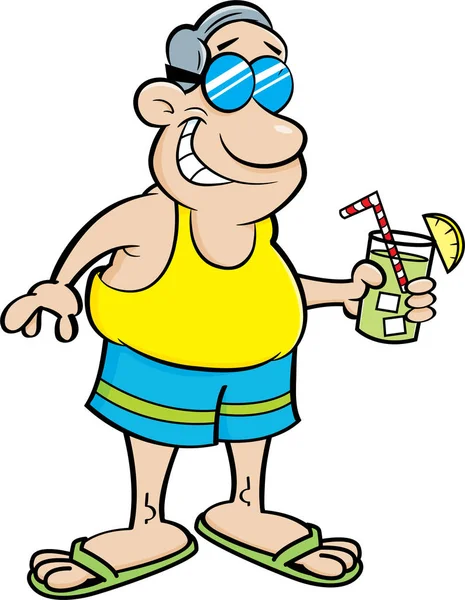 Cartoon Illustration Man Wearing Swimsuit Holding Drink — Stock Vector