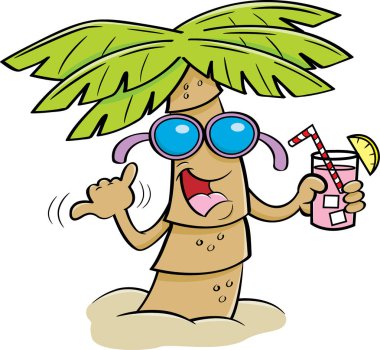 Güneş gözlüğü takıyor ve içki tutan bir palmiye ağacı karikatür çizimi.