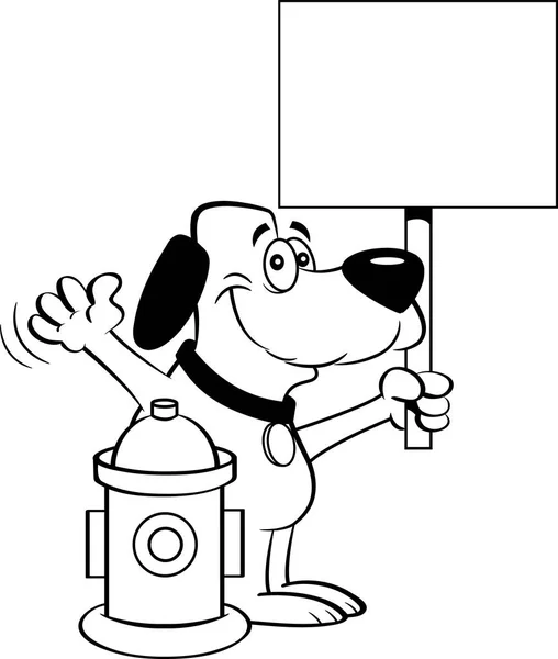Black White Illustration Dog Holding Sign Next Fire Hydrant — Stock Vector