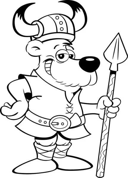 Ilustración Blanco Negro Oso Vestido Vikingo Sosteniendo Una Lanza — Vector de stock