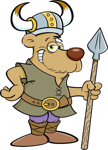 Desenhos Animados Ilustração Urso Vestido Como Viking Segurando Uma Lança — Vetor de Stock