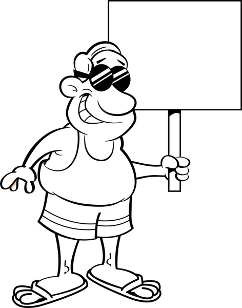 Czarno Biały Ilustracja Człowieka Strój Kąpielowy Posiadających Znak — Wektor stockowy