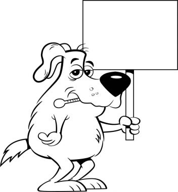 Bir işaret tutarken ağzında bir termometre ile hasta bir köpek resmi siyah ve beyaz.