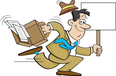 Bir işareti ile çalışan bir işadamı karikatür çizimi.