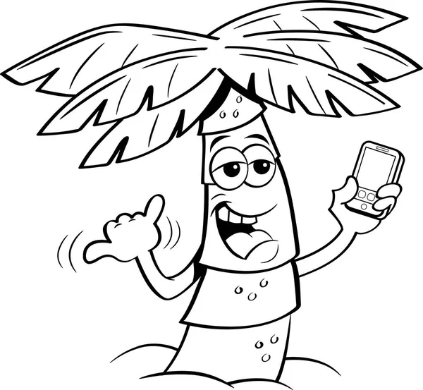 Czarno Biały Ilustracja Palmy Trzymając Telefon Komórkowy — Wektor stockowy