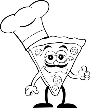 Bir dilim pizza chef şapka arka ve beyaz çizimi.