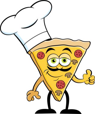 Bir dilim pizza chef şapka karikatür çizimi.