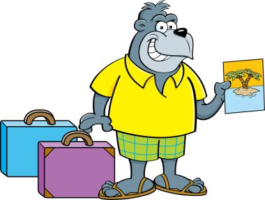Bavul ile şort giyen bir goril karikatür çizimi.