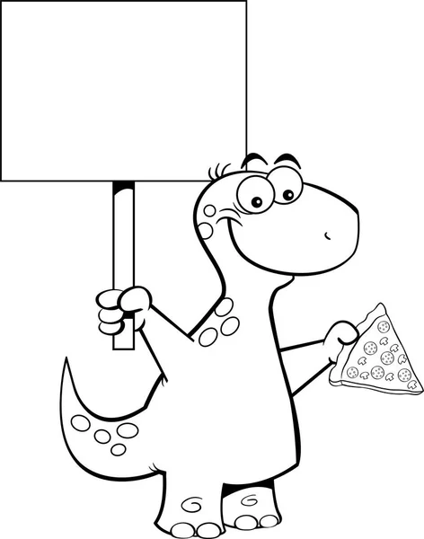 ピザやサインのスライスを保持しているブロントサウルスの黒と白のイラスト — ストックベクタ
