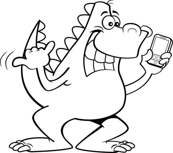手持手机的恐龙的黑白插图 — 图库矢量图片