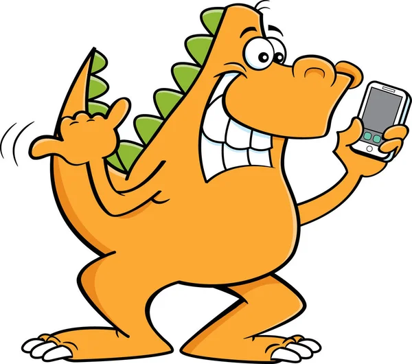 Dibujos Animados Ilustración Dinosaurio Sosteniendo Teléfono Celular — Vector de stock