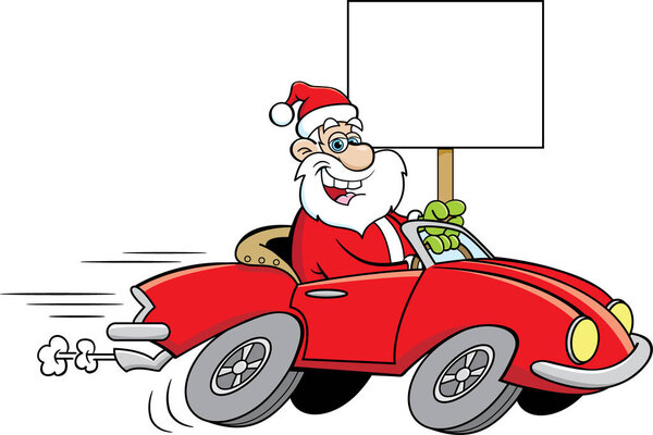 Cartoon illustration of Santa Claus driving a sports car while holding a sign.