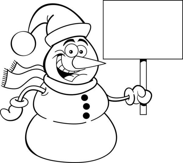 Black White Illustration Snowman Wearing Santa Hat Holding Sign — Stock Vector