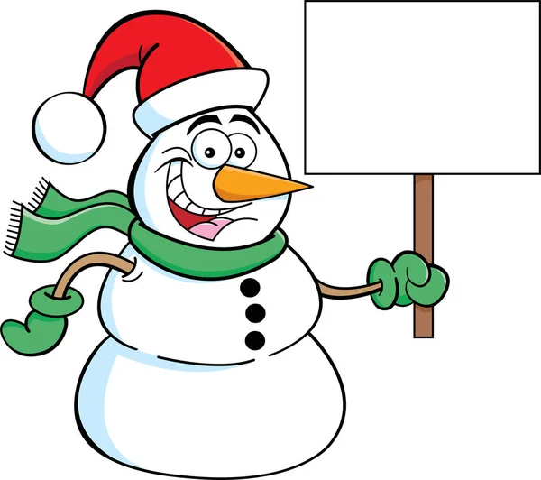 Cartoon Illustration Eines Schneemanns Mit Weihnachtsmütze Und Einem Schild — Stockvektor