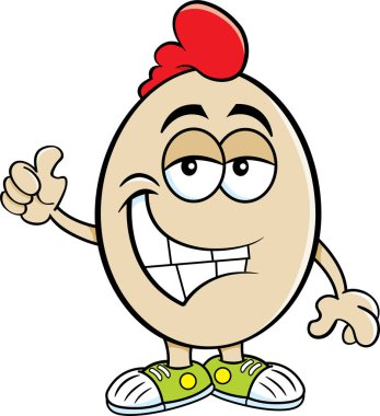 Gülümseyen bir yumurtanın baş parmağını gösteren karikatür çizimi..