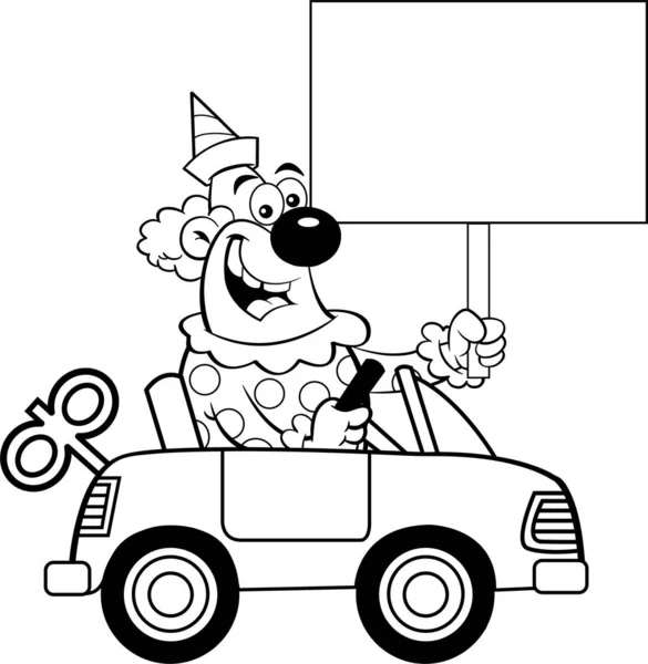 Illustrazione Bianco Nero Clown Che Guida Auto Giocattolo Mentre Tiene — Vettoriale Stock