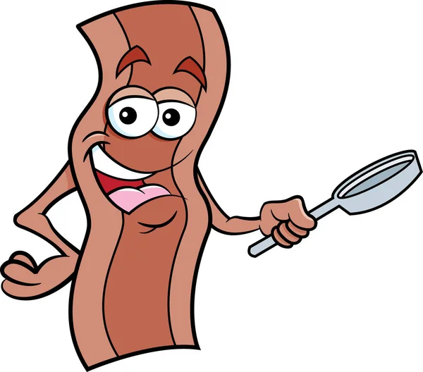 Desenhos Animados Ilustração Uma Tira Feliz Bacon Segurando Uma Frigideira — Vetor de Stock