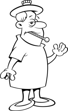 Ağzında termometreyle hastane önlüğü giymiş hasta bir adamın resmi..