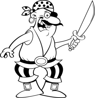 Black and white illustration of a smiling pirate holding a cutlass. clipart