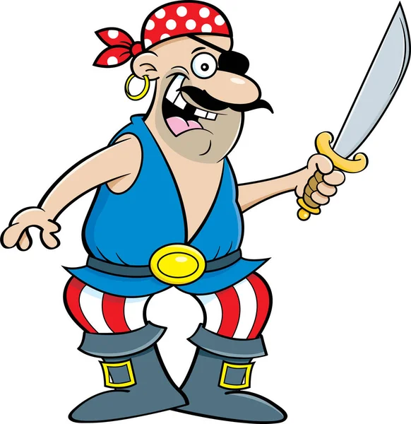 Γελοιογραφία Απεικόνιση Ενός Χαμογελαστού Πειρατή Που Κρατά Ένα Σπαθί — Διανυσματικό Αρχείο