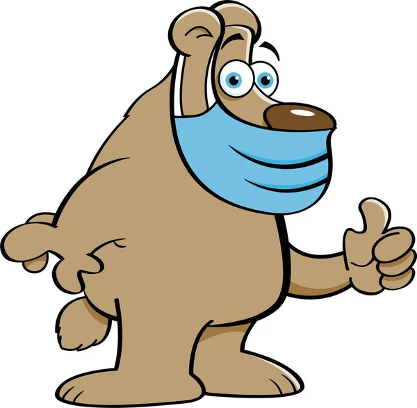 Desenhos Animados Ilustração Urso Usando Uma Máscara Protetora Dando Polegares — Vetor de Stock