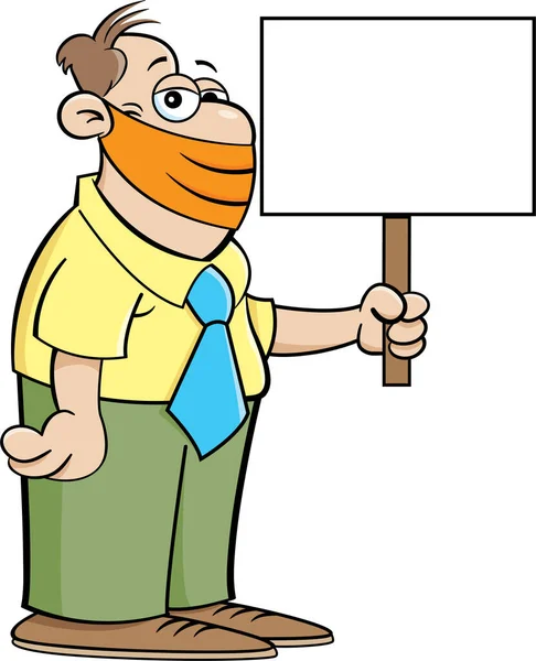 Cartoon Illustration Man Wearing Protective Mask Holding Sign — Stockový vektor