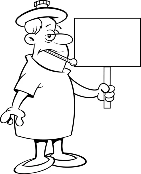 一个身穿医院长袍 嘴里衔着温度计 手持标志的病人的黑白画像 — 图库矢量图片