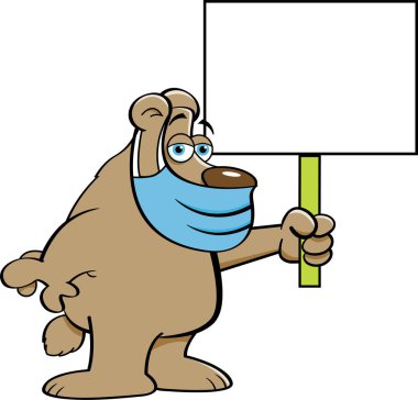 Tabela tutarken koruyucu maske takan bir ayının karikatür çizimi.