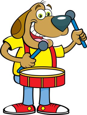 Davul çalan mutlu bir köpeğin çizgi film çizimi.