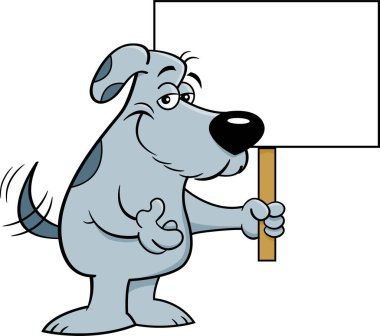 Dost canlısı bir köpeğin tabela tutarken kuyruğunu sallamasının karikatür çizimi..