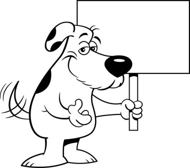 Dost canlısı bir köpeğin elinde bir tabela tutarken kuyruğunu sallamasının siyah beyaz çizimi..