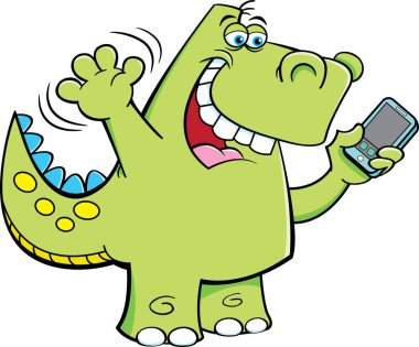 Bir Tyrannosaurus Rex 'in cep telefonuyla selfie çektiği karikatür çizimi..