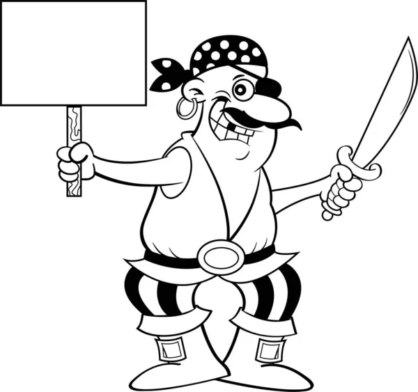 Illustration Noir Blanc Pirate Souriant Tenant Une Coutelas Signe — Image vectorielle